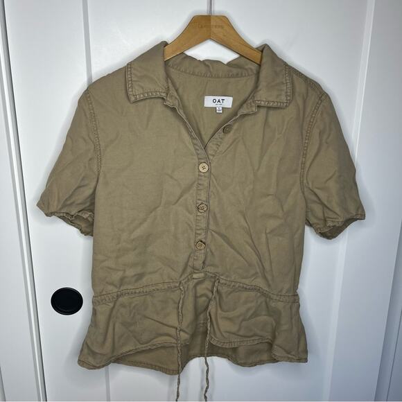 OAT New York Tan Button Down Waist Tie Peplum Top Size Large - Picture 2 of 7